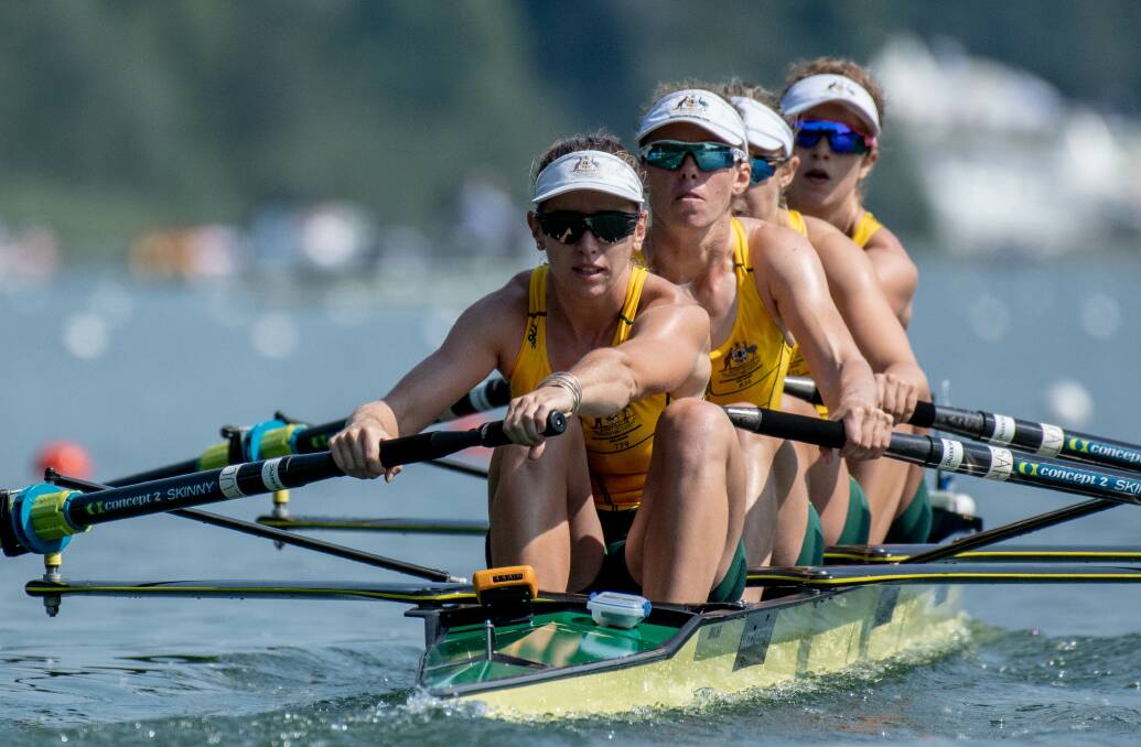 Lucy Stephan rowing with the Australian coxless four. Picture: ROWING AUSTRALIA