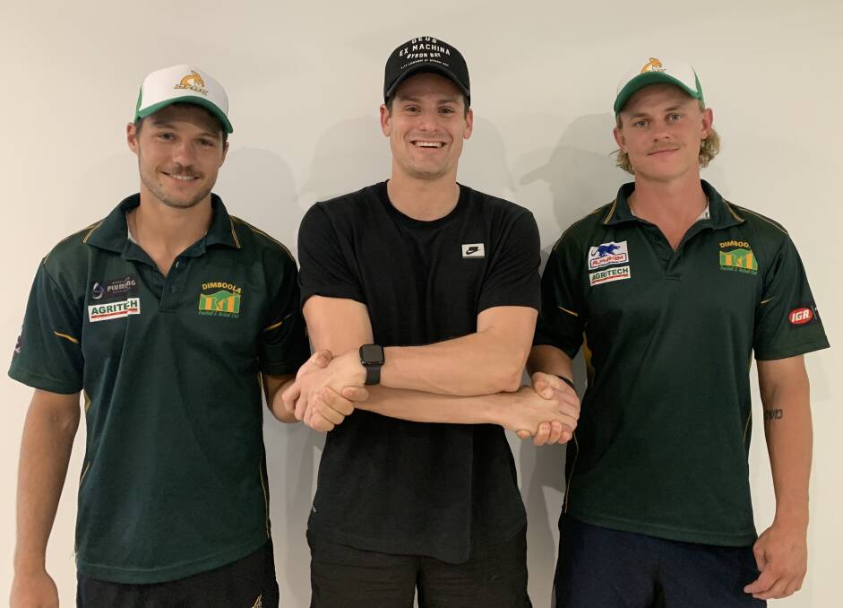 NEW RECRUITS: Dimboola recruit Michael Bowden, head coach Justin Beugelaar and recruit Kyle Emery. Picture: CONTRIBUTED