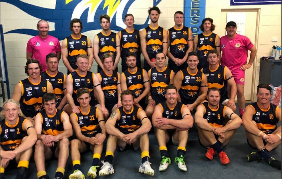 UNITED: The Nhill senior football team wearing their specially made guernseys on Saturday. Picture: CONTRIBUTED