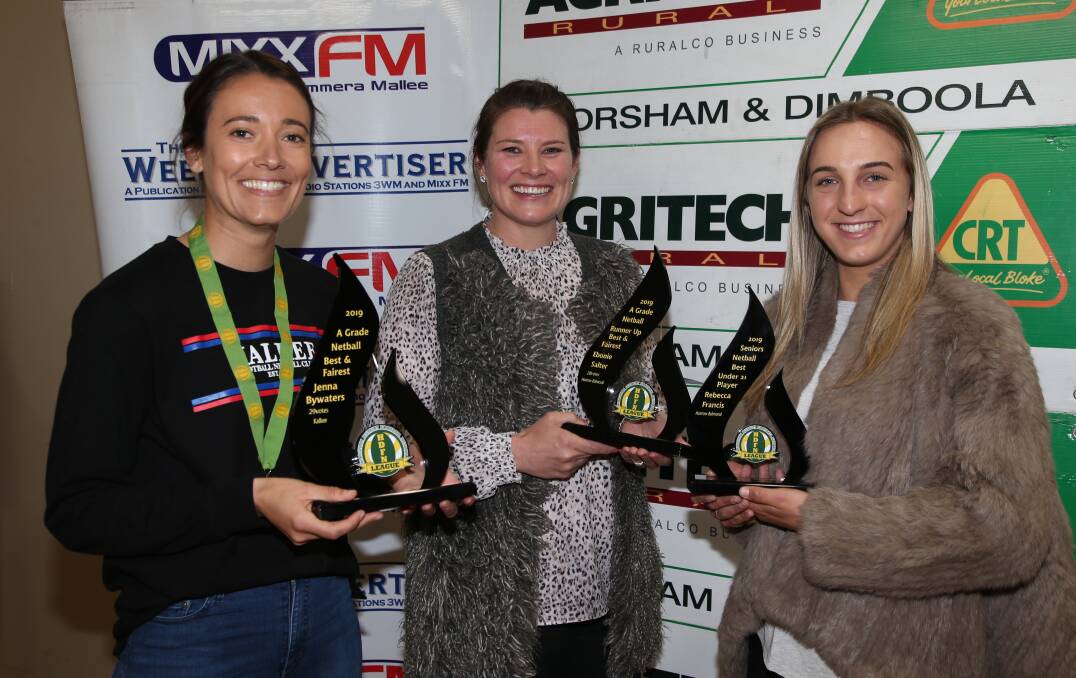 A GRADE: Kalkee's Jenna Bywaters pipped Harrow-Balmoral's Ebonie Salter by just one vote. Harrow-Balmoral's Rebecca Francis won the best under-21 player. Pictures: PETER PICKERING
