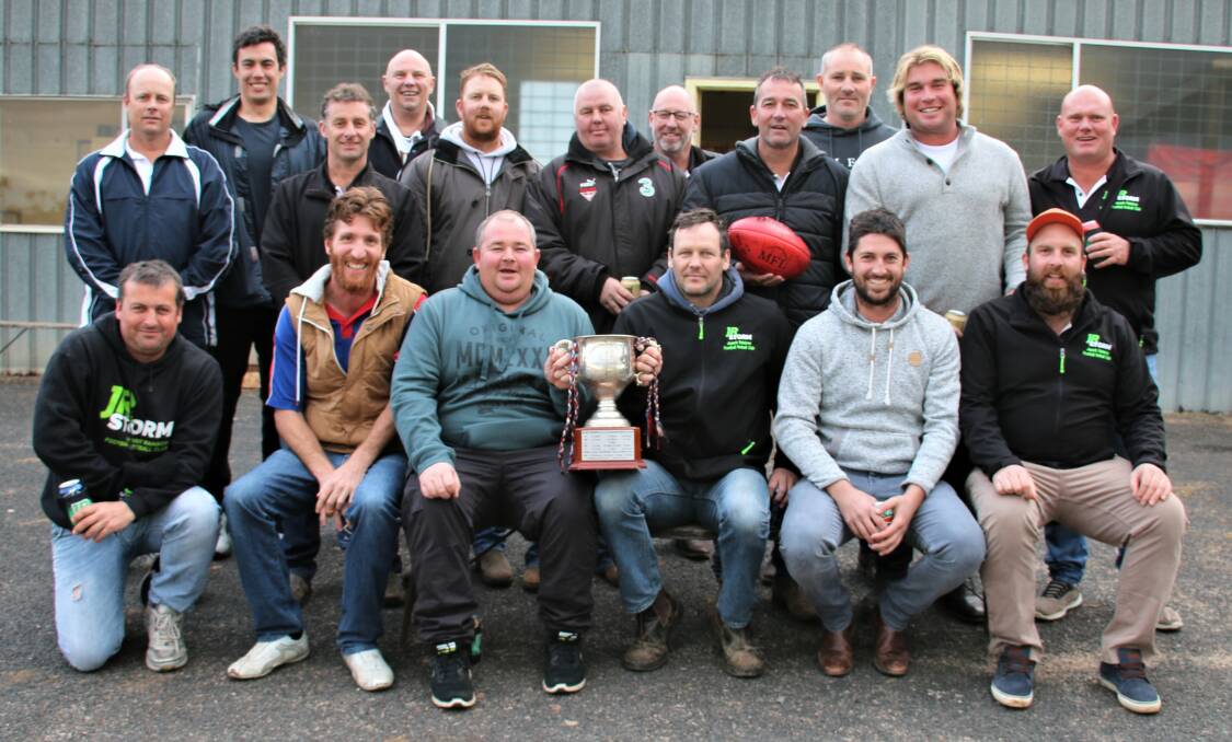 TIME TO REMINISCE: Jeparit-Rainbow's reserves premiership side gathered for a 10-year reunion at Rainbow several weeks ago. The premiership is the club's fourth football flag in its history. Picture: LES GRAETZ/Rainbow-Jeparit Argus