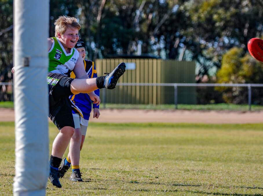 JUNIORS ARE KEY: Youngster Dustin Eckermann is delighted to boot his first goal for Jeparit-Rainbow. Picture: PETER DOXEY