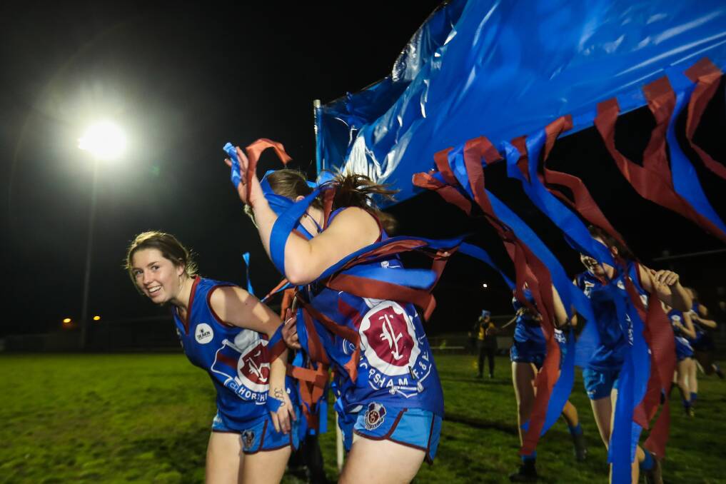 READY TO GO: Horsham's Nekaela Butler runs through the banner ahead of the 2019 WVFFL grand final. Picture: MORGAN HANCOCK
