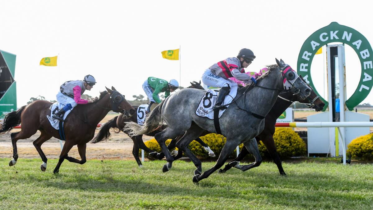 Revils crosses the line just ahead of its opponents to snatch the Warracknabeal Cup. Picture: RACING PHOTOS