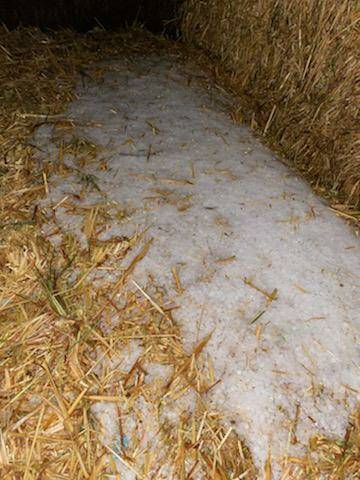 A layer of hail on hay bails. Picture: MATT WEIDEMANN