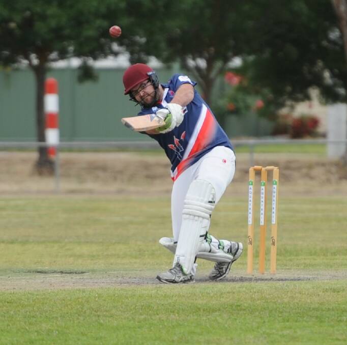 TONK: Laharum's Anthony Cutter tries to hit his way out of trouble during Laharum's second innings against Homers on Saturday. Picture: RICHARD CRABTREE