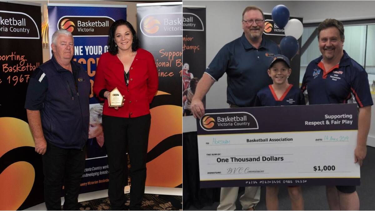 Left, Rebecca McIntyre accepting her award; right, Basketball Victoria's David Huxtable, Horsham player Jack Hicks and under-12 coach Tony Sleep. Pictures: BASKETBALL VICTORIA