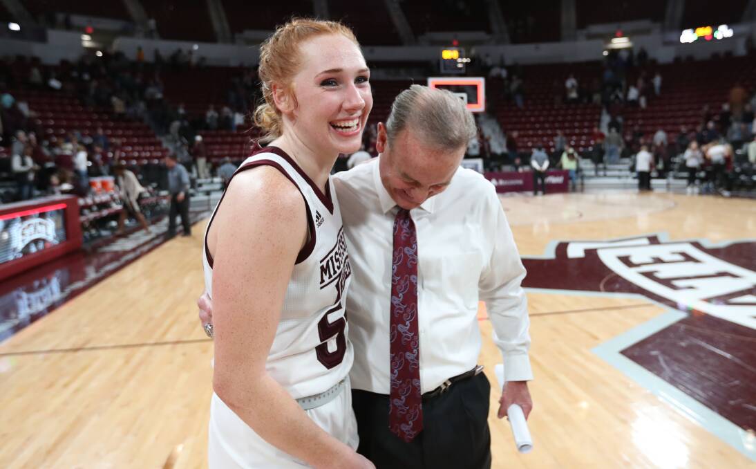 Bibby with coach Vic Schaefer. Schaefer said the Bibby injury was "hearbreaking". Picture: KELLY DONOHO/MSU ATHLETICS