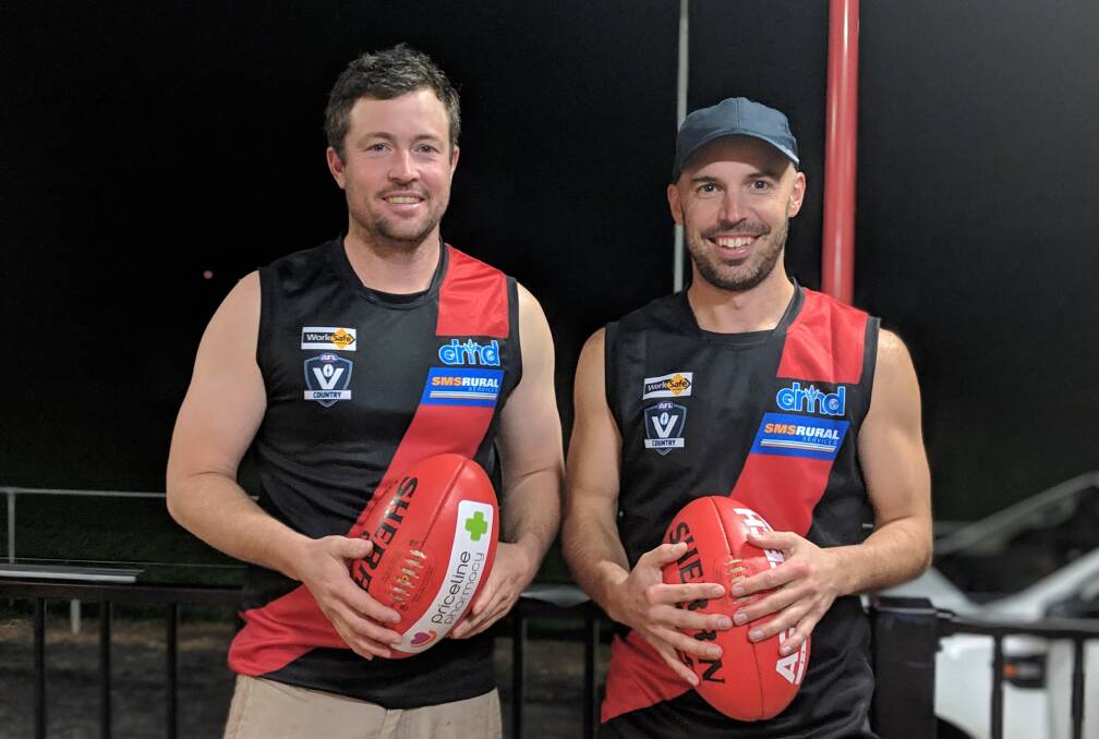 MILESTONE MEN: Shane Oakley and Jason Kerr will bring up two incredible milestones for the Noradjuha-Quantong Bombers on Saturday.