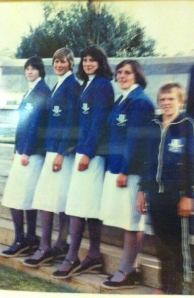 An old year-book photo of the Dimboola rowing team; Lyn McDonald, Leeanne Ambrose, Pam Westerndorf, Denise Petschel and cox Terry Gazelle.