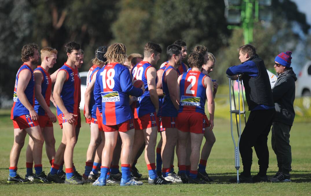 A sidelined Jack Musgrove talks to his Rupanyup side earlier in the season. Musgrove missed six weeks with a fractured knee cap in 2019. Picture: RICHARD CRABTREE