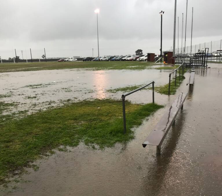 An incredible amount of rain resulted in flooding at the Pimpinio Recreation Reserve. The boundaries were shortened for the match. Picture: CONTRIBUTED