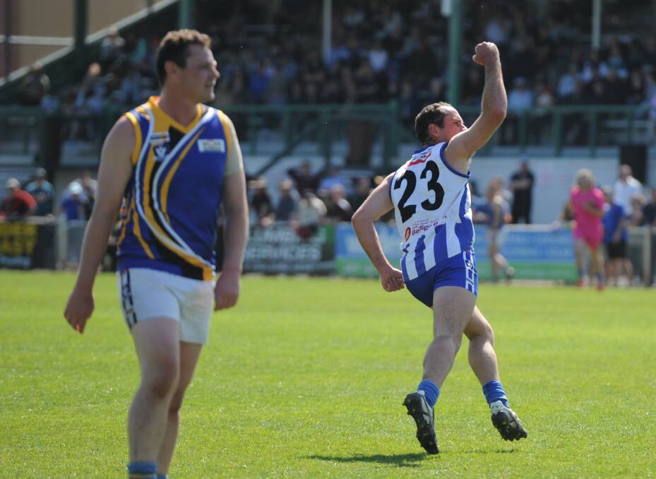 Harrow-Balmoral's Lachlan Kelly celebrates after kicking a goal in the Horsham District league reserves grand final. An impressive crowd was in attendance. Picture: MATT CURRILL