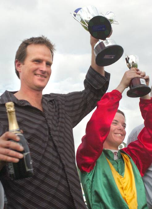 Paul Preusker with jockey and partner Holly McKechnie after winning the 2005 Murtoa Cup.