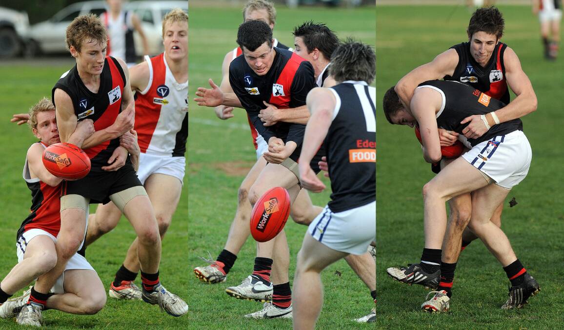 Ryan Stacey, Shane Oakley and Jordan Huff playing in 2010, the season in which the Bombers last won a final. The trio, along with Jason Kerr and Tom Cooper, are the only Bombers that will be playing on Sunday against Swifts.