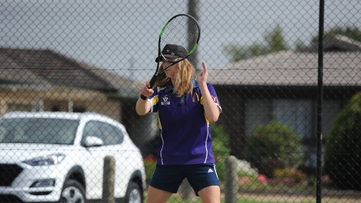 Kyah Wilkinson returns a forehand. Wilkinson has been key to Natimuk's rise up the ladder in open section tennis. Picture: SEAN WALES