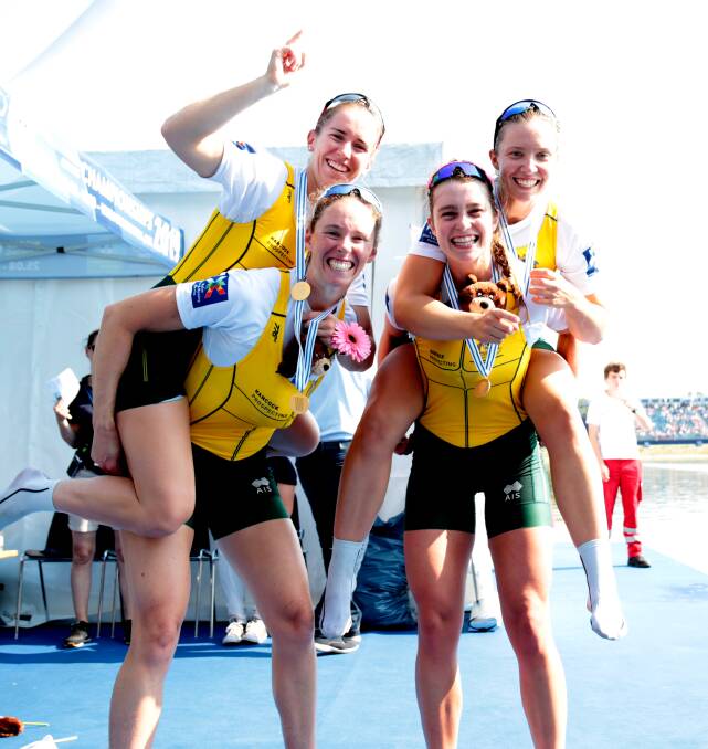 Lucy Stephan celebrates with teammates after winning gold at the 2019 World Rowing Championships. Picture: ROWING AUSTRALIA