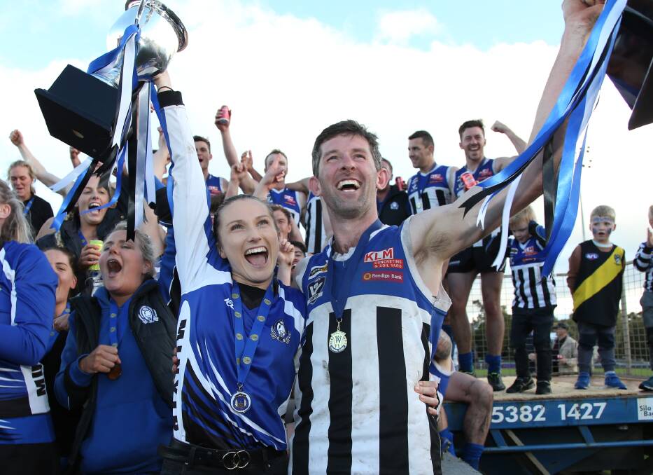 REIGNING CHAMPS: Minyip-Murtoa A Grade netball coach Billie Bibby and senior football coach John Delahunty celebrate their 2019 premierships. Picture: PETER PICKERING