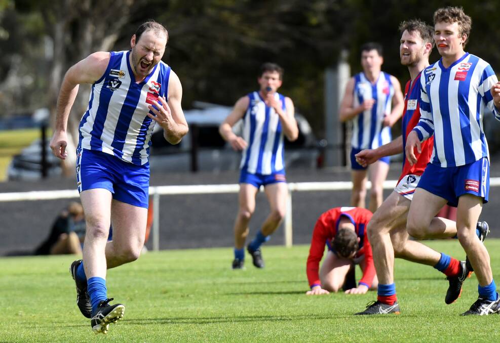 Harrow-Balmoral's James Staude is filthy with himself after missing a goal in the 2018 Horsham District league grand final. Picture: SAMANTHA CAMARRI 