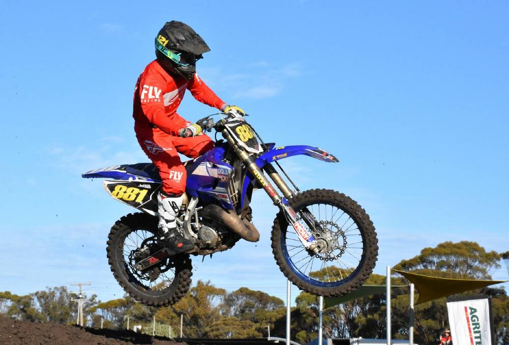 FLYING HIGH: A young rider makes good air during the 2019 MX Amateurs. Riders and motorcross enthusiasts from around the state flocked to the Doeen track for the weekend's action. Picture: MATT BAKER