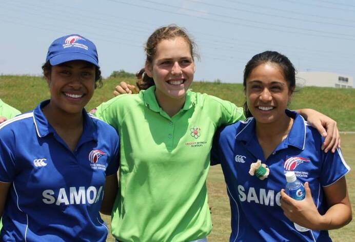 Anna with two girls from Somoa during her stint in Japan with the Cricket Without Borders program. Anna has earned a number of amazing opportunities through cricket. Picture: CONTRIBUTED