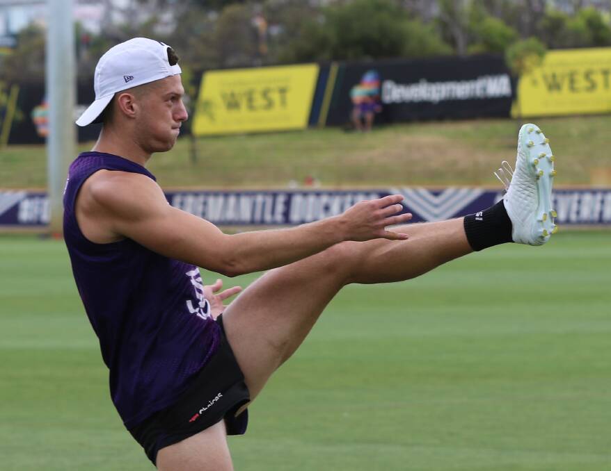 ROOST: Horsham Saint Darcy Tucker during training with the Fremantle Dockers. Tucker's season is in doubt with a serious hamstring strain. Picture: FREMANTLE DOCKERS