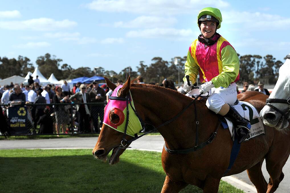 Holly McKechnie after riding Texan Warney to victory at the 2012 Horsham Cup. Picture: SAMANTHA CAMARRI