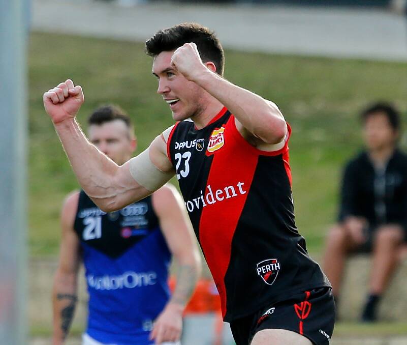 Kieran Delahunty celebrates one of his two goals from the weekend. Picture: PERTH FOOTBALL CLUB/JAMES WORSFOLD
