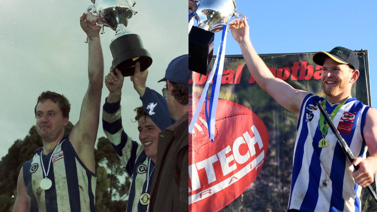 PREMIERS: Left, Harrow-Balmoral lift the premiership cup for the first time in 1999; right, Nick Pekin raises the cup last season.
