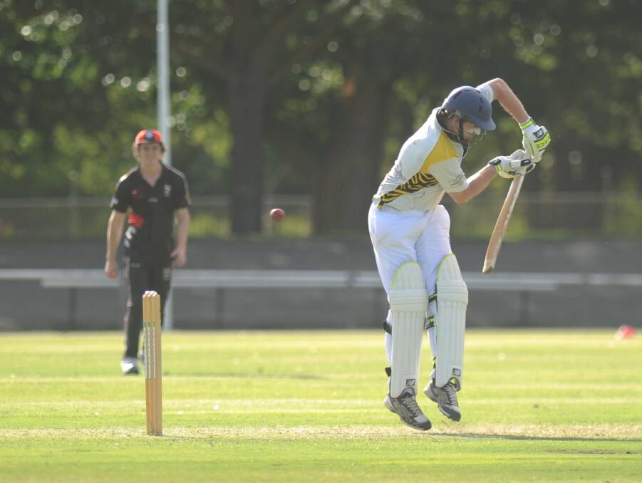 Jung Tigers skipper Angus Adams is beaten by a delivery against the Horsham Saints on Saturday. Picture: RICHARD CRABTREE