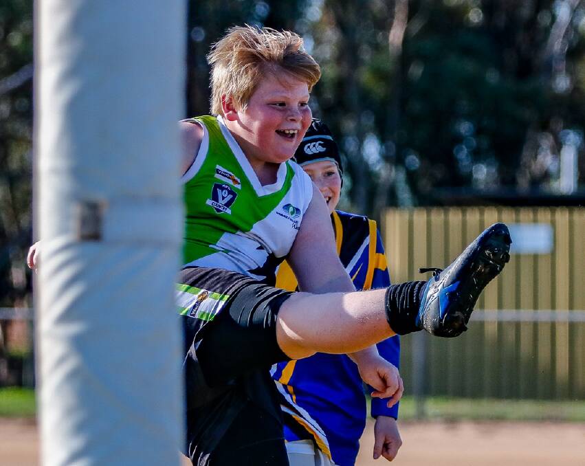 DELIGHT: Jeparit-Rainbow youngster Dustin Eckermann boots his first goal in under-14s. Picture: PETER DOXEY PHOTOGRAPHY
