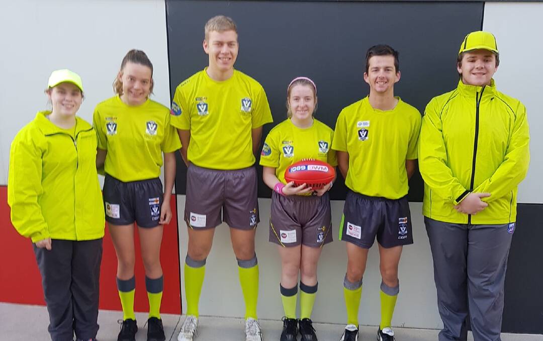 PASSIONATE YOUNGSTERS: The umpiring team for the Wimmera Football League's round three under-17 match between Horsham Saints and Nhill. There has been an influx of young umpires in the Wimmera this year. Picture: CONTRIBUTED