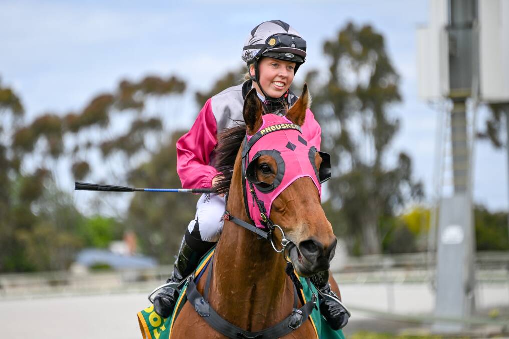 VICTORY: Tatum Bull aboard Lord of Darkness after its victory in race four on Sunday. Picture: RACING PHOTOS/ALICE MILES