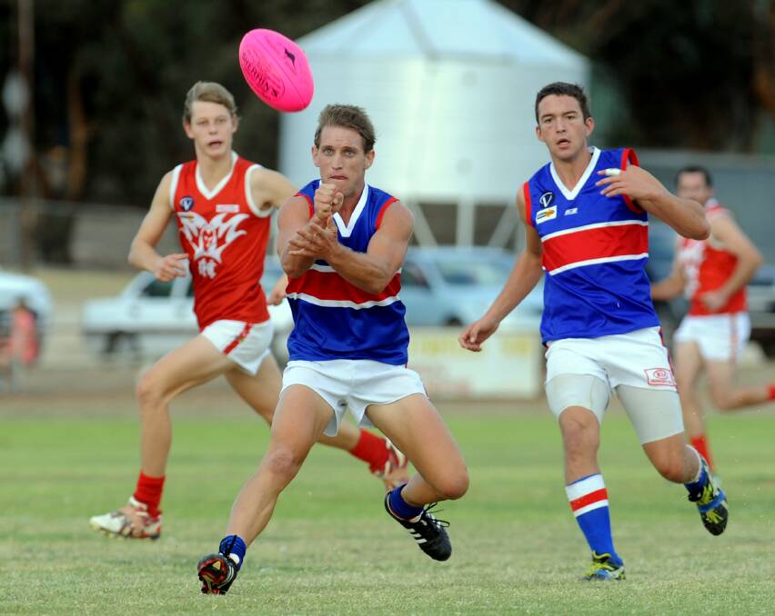 Before their shift to the Horsham District league, Jeparit-Rainbow wore the Bulldogs colours, as shown by Elliott Bath in 2013.