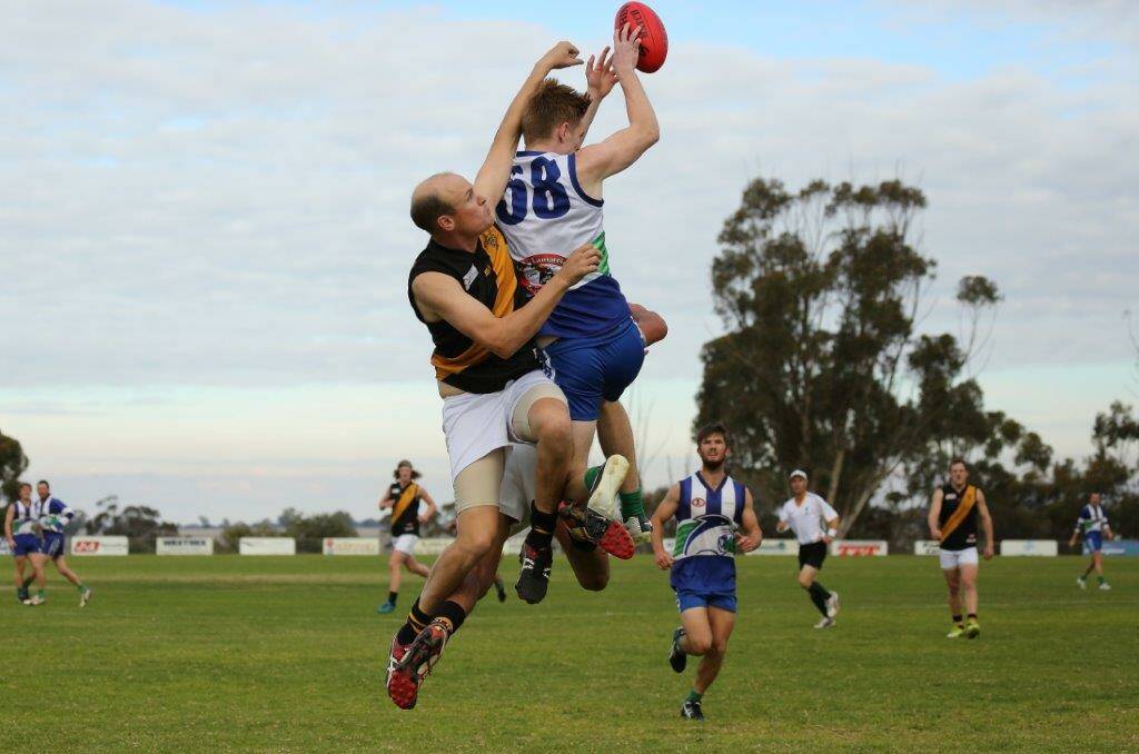 Kaniva-Leeor United's Reece Slape takes a mark against Kybybolite in the teams' round nine clash. Picture: CONTRIBUTED