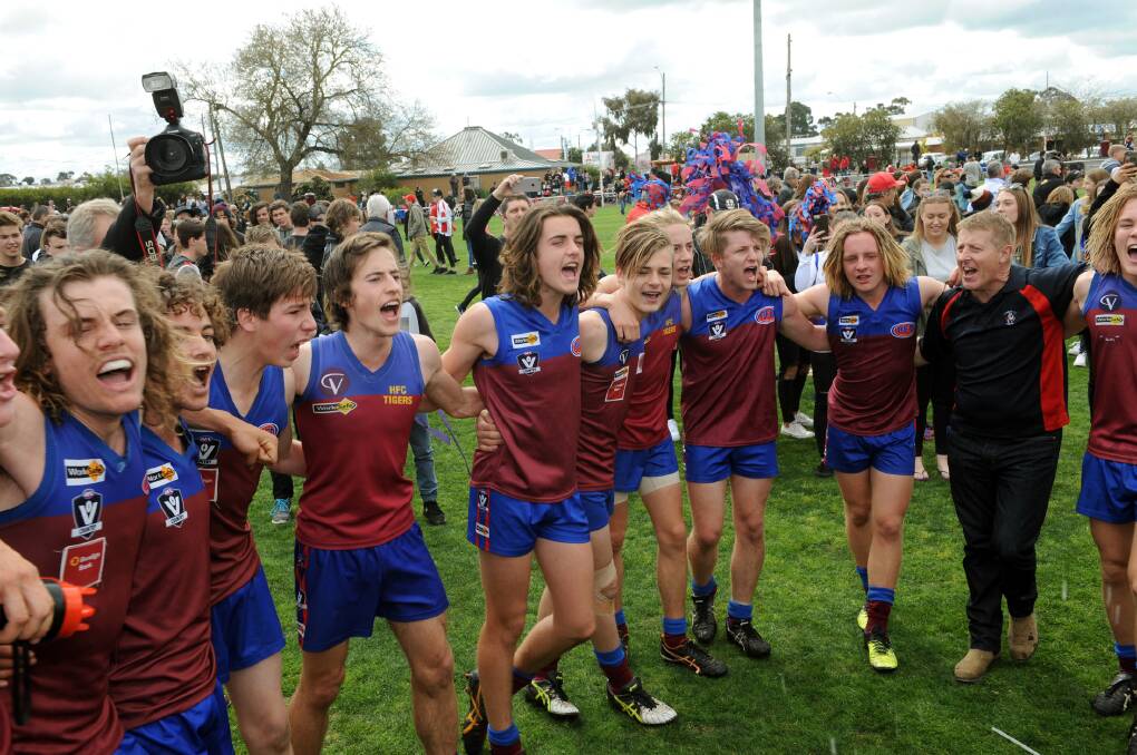 Horsham's under-17s celebrate winning the 2016 Wimmera Football League grand final. 