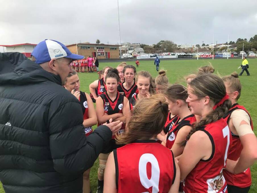 ROUND ONE: Stawell Warriors coach Rod Summers addressing his team during the side's loss to South Warrnambool Roosters. Picture: CONTRIBUTED
