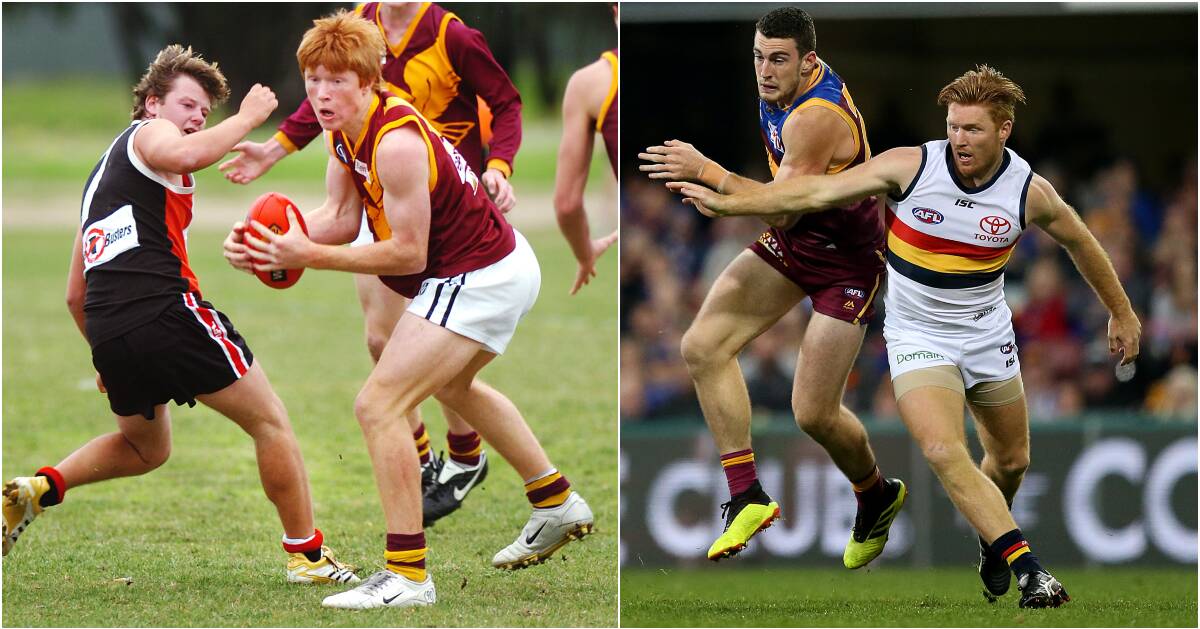 LEFT: Kyle Cheney playing for the Warrack Eagles in 2006.
RIGHT: Cheney playing against Brisbane in the AFL this season. Picture: AAP