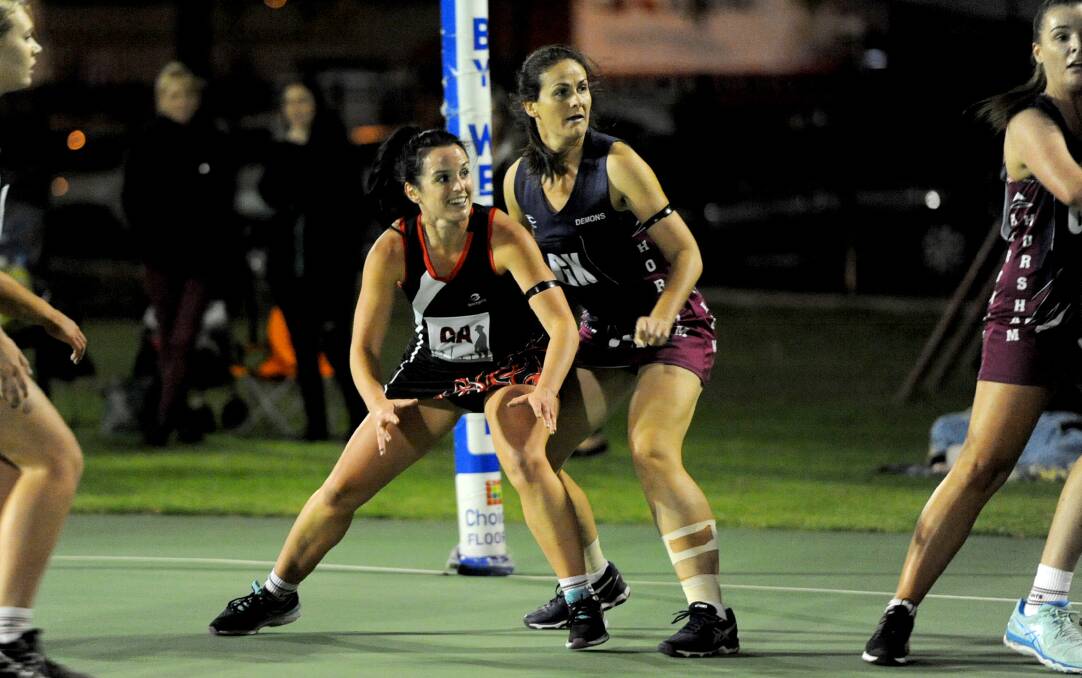 Mel Scott on the right playing for Horsham in 2017 against the Saints. Scott will coach the A Grade side in a joint role with Amanda Worthy next season. Picture: SAMANTHA CAMARRI