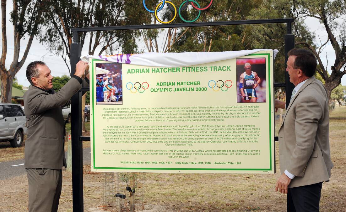 Adrian Hatcher with Hugh Delahunty at the opening of the Adrian Hatcher Fitness Track in Horsham in 2011.