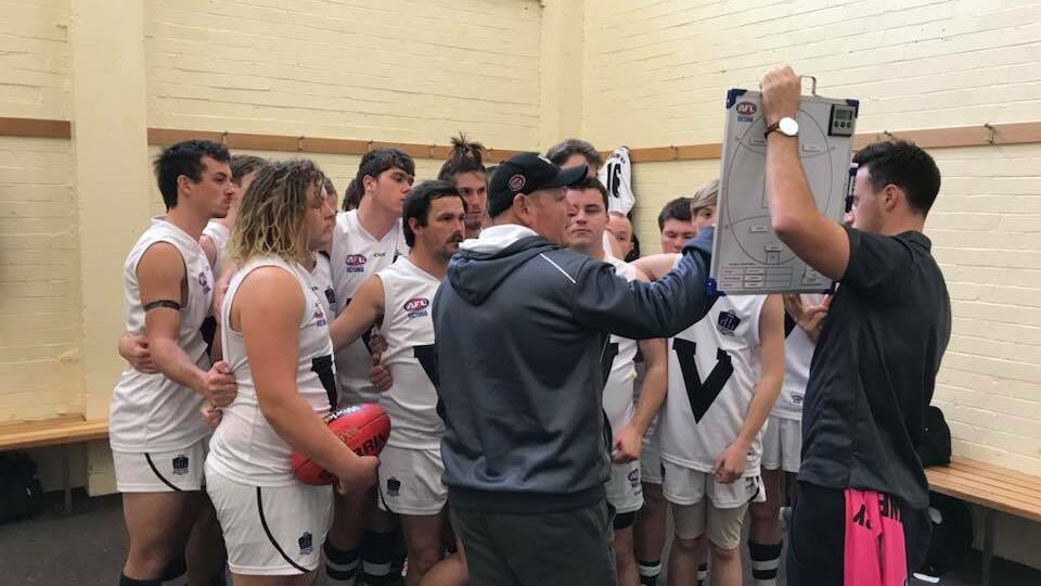 PEP TALK: Vic Country coach Steve Reeves addresses his team during its loss to South Australia on Friday. Picture: CONTRIBUTED