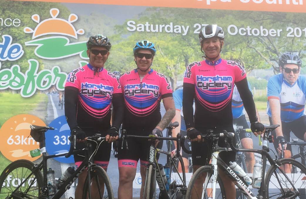Lee Hutchinson, Damien Cook and Phil Edgerton along with Jeff Wallis completed the Ride Daylesford at the weekend. Picture: CONTRIBUTED 