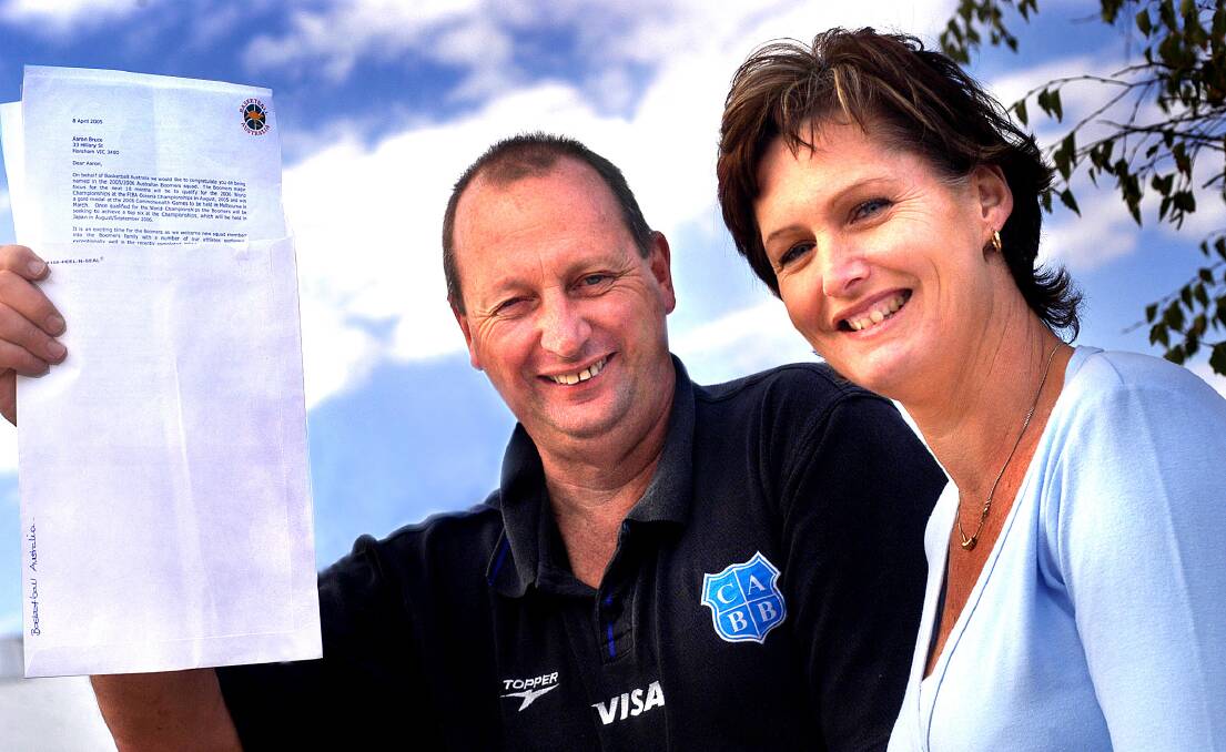 Steve and Julie Bruce with a letter after Aaron Bruce was picked for the Boomers.