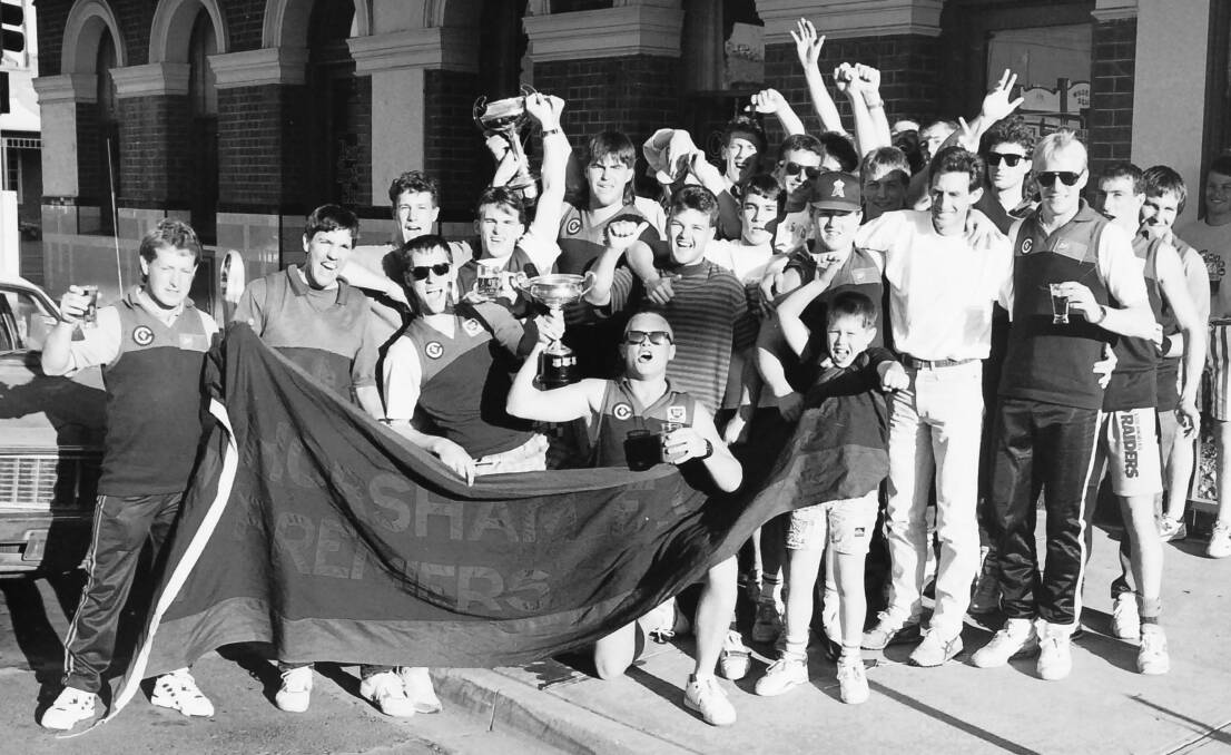 Horsham FC celebrates winning the 1990 Wimmera Football League grand final. Hickmott played in the team which was coached by his uncle, Peter. 