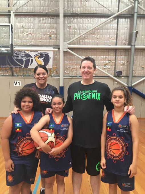 Rebecca McIntyre and South East Melbourne Phoenix coach Simon Mitchell with Horsham representatives Jandamurra Lauricella, Kristal Hounslow and Tyra King. 