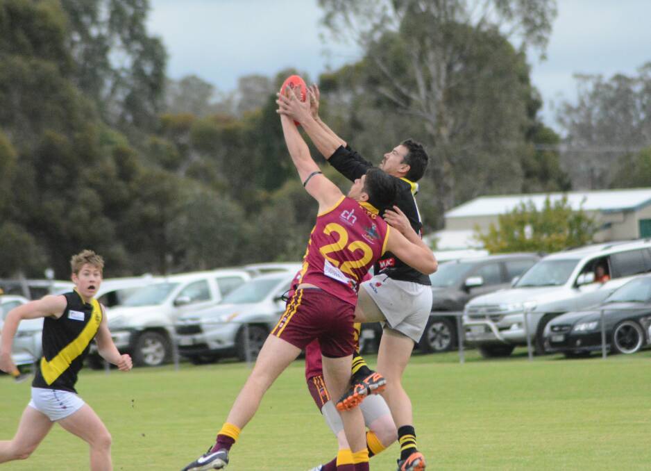 MARK: Border District's Brayden Denmead contests a mark earlier in the KNTFL season. Picture: NARACOORTE HERALD