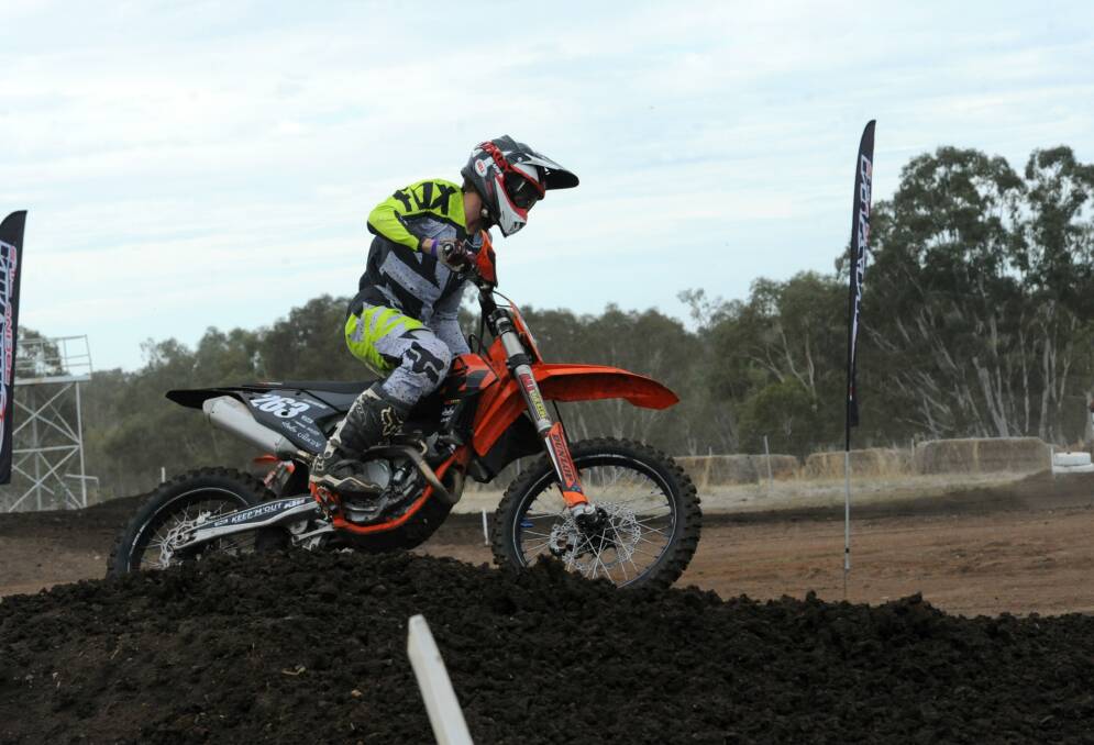 SPEED: Jacob Eustace competing at round one of the Victorian Senior Motocross Championships, which was held at Dooen at the weekend. Picture: STUART McGUCKIN