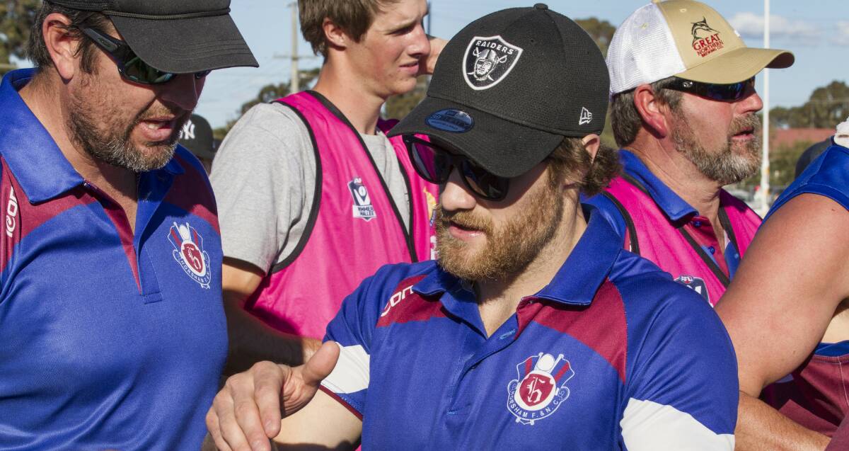Tim Wade and Deek Roberts coaching during the Wimmera Football League grand final win this year. Picture: PETER PICKERING