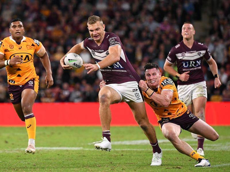 Tom Trbojevic (c) bagged another two tries as Manly ran Brisbane ragged in a 50-6 NRL win.