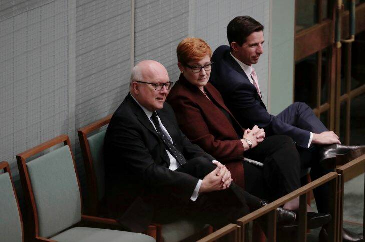Senators George Brandis, Marise Payne and Simon Birmingham during debate on the Marriage Amendment Bill at Parliament House in Canberra. Photo: Alex Ellinghausen